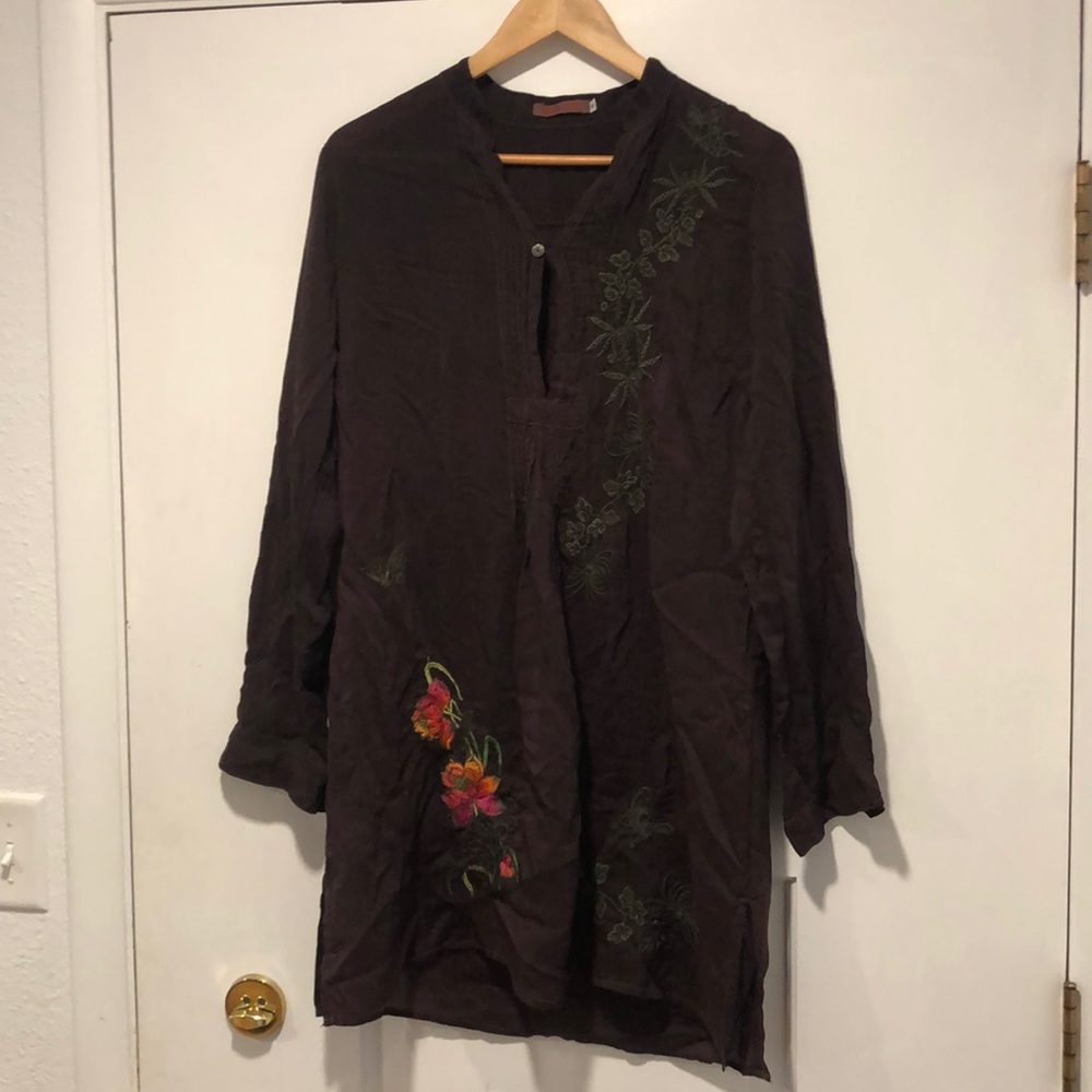 Johnny Was brown sheer tunic. size small. Dress top.
